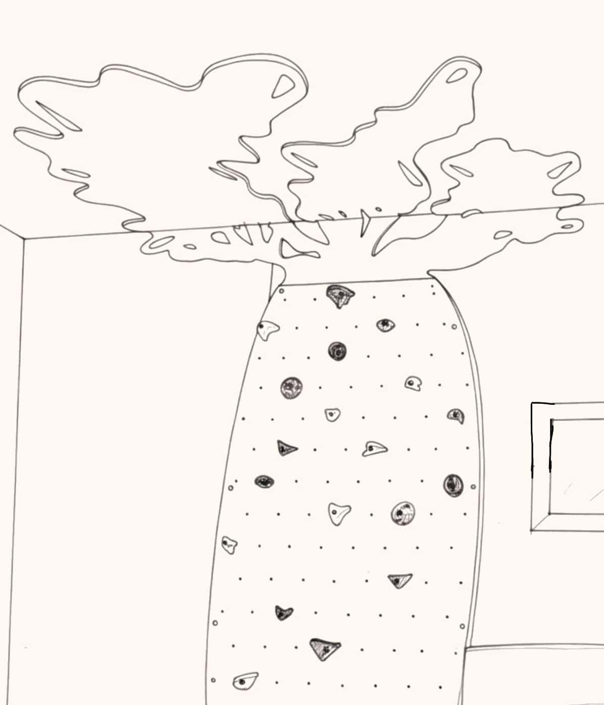 Lezecká stěna ve tvaru stromu, nákres, skica